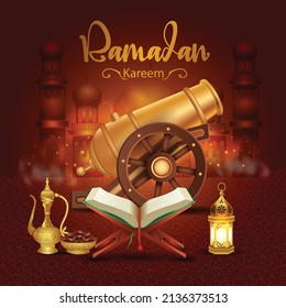 ramadan kareem greetings with Quran and wooden stand, artillery. vector illustration design	