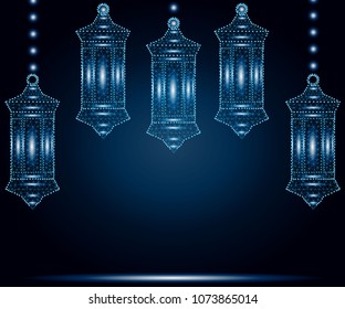 Ramadan Kareem greetings with set of lanterns or fanous in blue background. Polygonal wireframe low poly design. Abstract vector illustration with polygon, line, connecting dots.