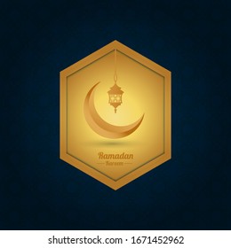 Plantilla de saludos de Ramadan Kareem. Diseño de fondo luna creciente y lámpara colgante con marco. Apto para invitación, afiche, pancarta, tarjeta para la celebración de los musulmanes