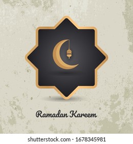 Plantilla de saludos de Ramadan Kareem. El diseño de fondo es una lámpara decorativa arabia vintage colgante con luna creciente.  Apto para invitación, afiche, pancarta, tarjeta para la celebración de los musulmanes