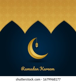 Plantilla de saludos de Ramadan Kareem. El diseño de fondo es una lámpara decorativa arabia vintage colgante con luna creciente.  Apto para invitación, afiche, pancarta, tarjeta para la celebración de los musulmanes