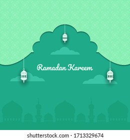 Ramadan Kareem Grußvorlage. Das Hintergrunddesign ist arabische Vintage dekorative Hängelsterne mit Moschee. Fit für Einladung, Poster, Banner, Karte für die Feier der Muslime