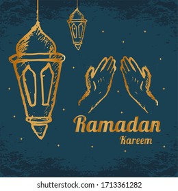 Ramadan Kareem greetings template. Background design is hanging lamp and man praying. Fit for invitation, poster, banner, card for the celebration of Muslim