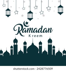 Ramadan Kareem greetings template design. islamic celebration background. islamic greetings ramadan kareem card design with crescent and lantern.