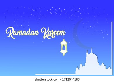 Ramadan kareem greetings,with mosque,ramadan lamp and starry sky in the background