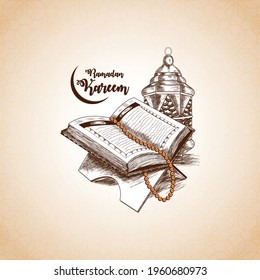 Ramadan kareem hand draw vector illustration and background