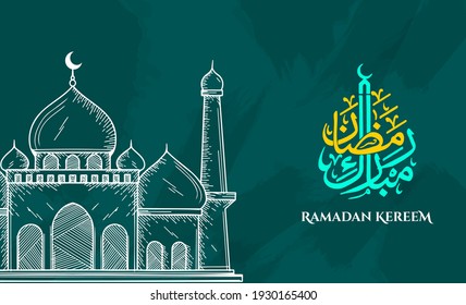 Dibujo manual de Ramadan Kareem de la cúpula de la mezquita. para el Festival de la Comunidad Musulmana, con fondo azul para las celebraciones del Ramadán. Ilustración vectorial Eps 10