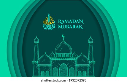 Ramadan Kareem hand drawing of mosque dome. for the Muslim Community Festival, with papercut background for the Ramadan celebrations. Eps 10 Vector Illustration