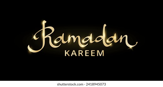 Ramadan kareem hand drawn calligraphy. Golden shiny ramadan word on black background. Arabic style lettering. For muslim holidays banners, cards, social media posts. Vector.