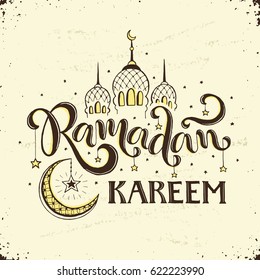 Ramadan Kareem hand drawn calligraphy on 
parchment. Islam 9th month symbols. Mosque dome, crescent and stars with Ramadan wording in retro style.