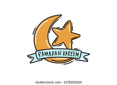 Ramadan kareem hand drawn. Crescent moon, star and ribbon with text