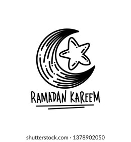 Ramadan kareem hand drawn. Crescent moon and star in doodle style