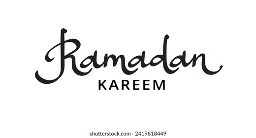 Ramadan kareem hand drawn ink calligraphy. Black ramadan word isolated on transparent background. Arabic style lettering. For muslim holidays banners, cards, social media posts. Vector.