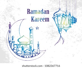 Ramadan Kareem hand drawn lantern, moon, and mosque. Blue with light gradient on grunge background.