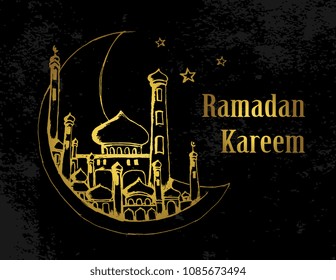 Ramadan Kareem hand drawn mosque and moon. Vintage Islamic banner, poster, and card design.