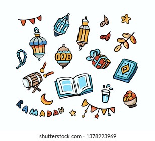 Ramadan Kareem hand drawn Sketch Icons. Islamic symbols: lanterns, Quran, mosque, drum, water for Iftar, moon, date fruits, garland, beads. Ramadan, Eid al Fitr and Eid al Adha Design elements.