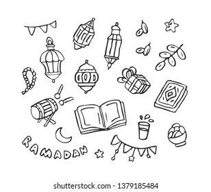 Ramadan Kareem hand drawn Sketch Icons. Islamic symbols: lanterns, Quran, mosque, drum, water for Iftar, moon, date fruits, garland, beads. Ramadan, Eid al Fitr and Eid al Adha Design elements.