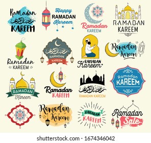 Ramadan Kareem hand drawn tags, logos, and elements set for islamic holy holiday Ramadan, greeting cards, Ramadan traditions and print.