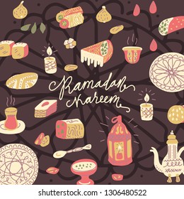 Ramadan Kareem hand drawn vector illustration. Ramadan mubarak Greeting card, invitation for muslim community. 