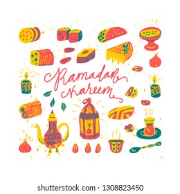 Ramadan Kareem hand drawn vector illustration. Ramadan mubarak Greeting card, 
invitation for muslim community. 
