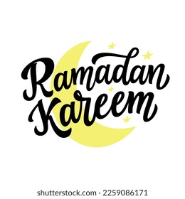 Ramadan kareem. Hand lettering text with moon and stars isolated on white background. Vector typography for posters, banners, cards