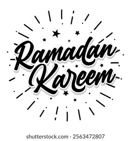 Ramadan Kareem handwritten lettering vector illustration with celebration confetti, stars on white background. Muslim religious holidays poster, banner, greeting card logotype.