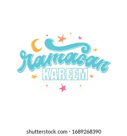 Ramadan Kareem handwritten text. Modern brush ink calligraphy isolated on white background. Greeting card for Islamic holidays. Vector colorful illustration with moon and stars. Hand lettering. 