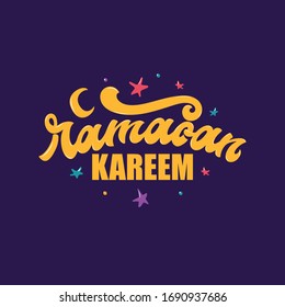 Ramadan Kareem handwritten text. Modern brush ink calligraphy on blue background. Greeting card for Islamic holidays. Vector illustration with moon and stars. Hand lettering. Bright colorful design.