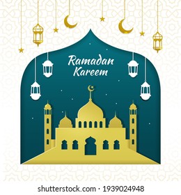 Ramadan Kareem With Hanging Lantern And Crescent Moon
