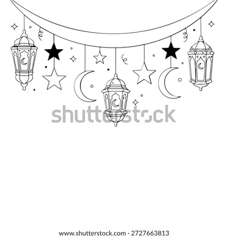 Ramadan kareem hanging lanterns and crescent moon for islamic holiday celebration