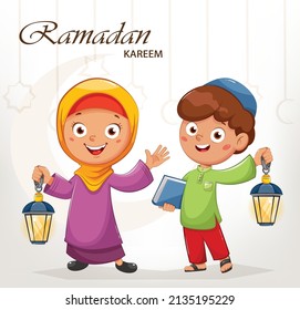 Ramadan Kareem. Happy Ramadan. Cute Cartoon Characters Muslim Boy And Girl Holding Lanterns