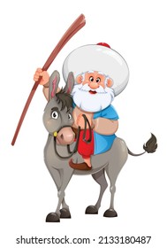 Ramadan Kareem. Feliz Ramadán. Eid al-Adha Mubarak. El gracioso personaje de caricatura Nasreddin Hodja sentado en burro