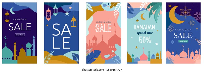 Ramadan Kareem, Happy Ramadan, greeting card. Eid mubarak, Islamic holiday background. Story template set. Sale design banners. Vector concept illustration