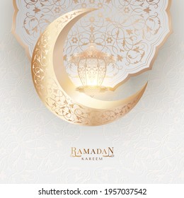 Ramadan Kareem happy holiday background with islamic pattern moon, arabesque and glowing lantern on a light backdrop. Vector greeting card