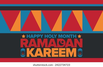 Ramadan Kareem. Happy Holy Month. Crescent, moon, star and lantern. Arabian holiday. Flat style. Greeting card. Creative art. Vector illustration
