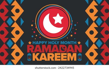 Ramadan Kareem. Happy Holy Month. Crescent, moon, star and lantern. Arabian holiday. Flat style. Greeting card. Creative art. Vector illustration