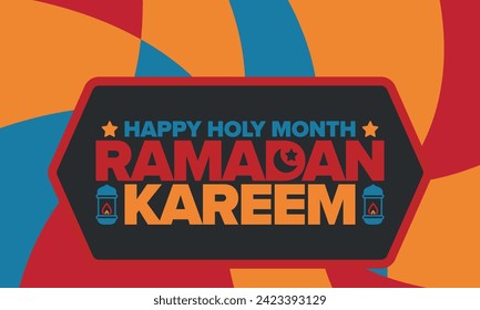 Ramadan Kareem. Happy Holy Month. Crescent, moon, star and lantern. Arabian holiday. Flat style. Greeting card. Creative art. Vector illustration