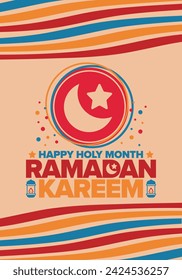 Ramadan Kareem. Happy Holy Month. Crescent, moon, star and lantern. Arabian holiday. Flat style. Greeting card. Creative art. Vector illustration