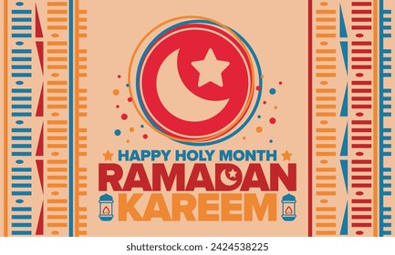 Ramadan Kareem. Happy Holy Month. Crescent, moon, star and lantern. Arabian holiday. Flat style. Greeting card. Creative art. Vector illustration