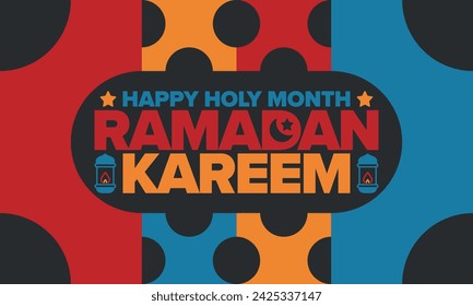 Ramadan Kareem. Happy Holy Month. Crescent, moon, star and lantern. Arabian holiday. Flat style. Greeting card. Creative art. Vector illustration