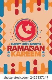 Ramadan Kareem. Happy Holy Month. Crescent, moon, star and lantern. Arabian holiday. Flat style. Greeting card. Creative art. Vector illustration