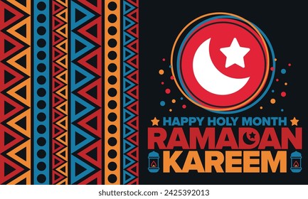 Ramadan Kareem. Happy Holy Month. Crescent, moon, star and lantern. Arabian holiday. Flat style. Greeting card. Creative art. Vector illustration
