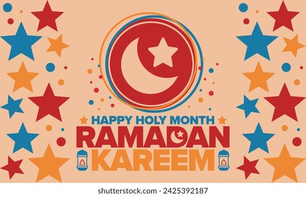 Ramadan Kareem. Happy Holy Month. Crescent, moon, star and lantern. Arabian holiday. Flat style. Greeting card. Creative art. Vector illustration