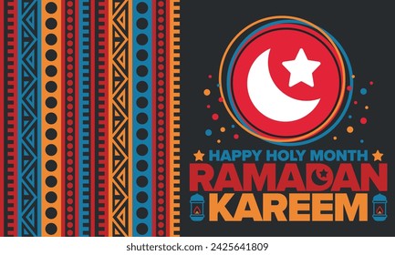 Ramadan Kareem. Happy Holy Month. Crescent, moon, star and lantern. Arabian holiday. Flat style. Greeting card. Creative art. Vector illustration