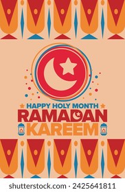 Ramadan Kareem. Happy Holy Month. Crescent, moon, star and lantern. Arabian holiday. Flat style. Greeting card. Creative art. Vector illustration