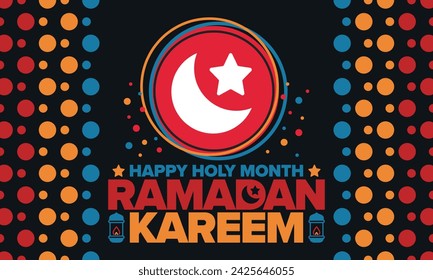 Ramadan Kareem. Happy Holy Month. Crescent, moon, star and lantern. Arabian holiday. Flat style. Greeting card. Creative art. Vector illustration