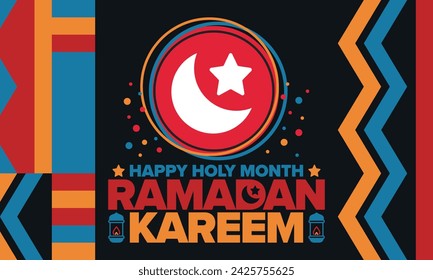 Ramadan Kareem. Einen glücklichen Heiligen Monat. Halbmond, Mond, Stern und Laterne. Arabischer Urlaub. Flacher Stil. Grußkarte. Kreative Kunst. Vektor-Illustration