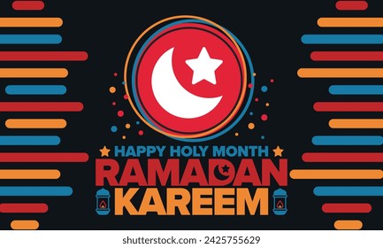 Ramadán Kareem. Feliz Mes Santo. Creciente, luna, estrella y linterna. Festividad árabe. Estilo plano. Tarjeta de felicitación. Arte creativo. Ilustración vectorial