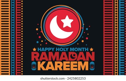 Ramadan Kareem. Happy Holy Month. Crescent, moon, star and lantern. Arabian holiday. Flat style. Greeting card. Creative art. Vector illustration