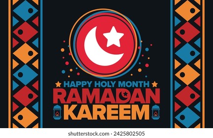 Ramadan Kareem. Happy Holy Month. Crescent, moon, star and lantern. Arabian holiday. Flat style. Greeting card. Creative art. Vector illustration